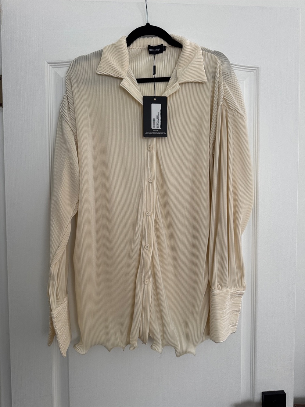 Pretty Little Thing Cream Long-Sleeve Pleated Shirt Dress